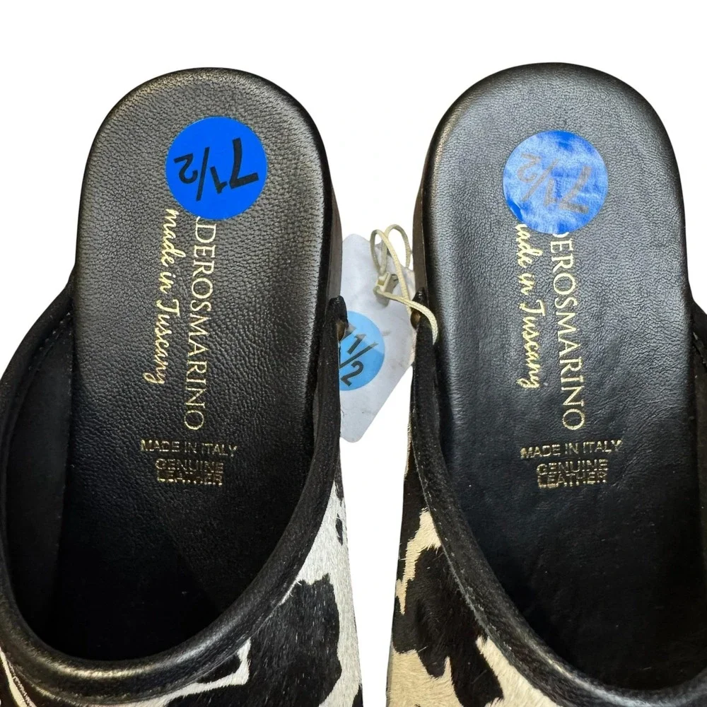 Verderosmarino Shoes Womens Size 7.5 Black Cow Print Leather Wedge Mules